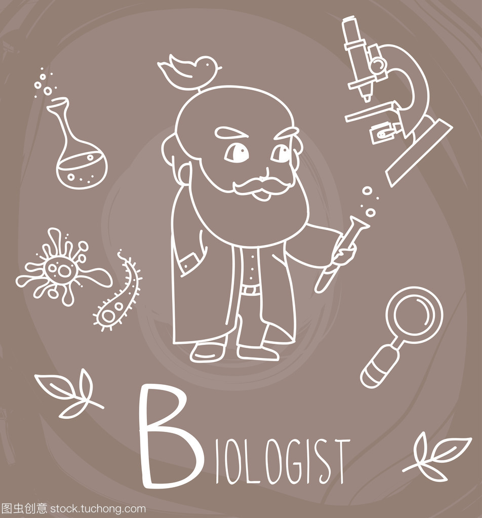 一整套可愛涂鴉圖標(biāo)和老人-生物學(xué)家